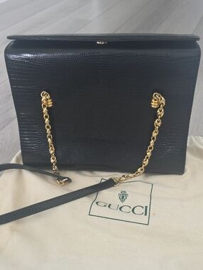 Gucci Vintage Black Lizard-Embossed Shoulder Bag from 1990s
